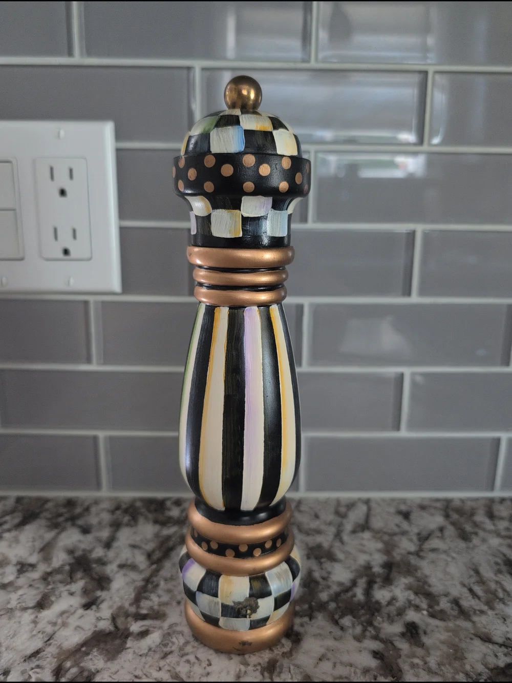 MacKenzie-Childs Hand-Painted Black, White, Gold Striped Pepper Mill
